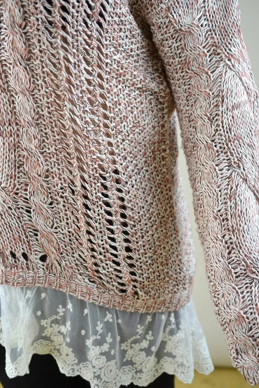 Open Knit Lace Hem Tunic Sweater - Mauve Multi