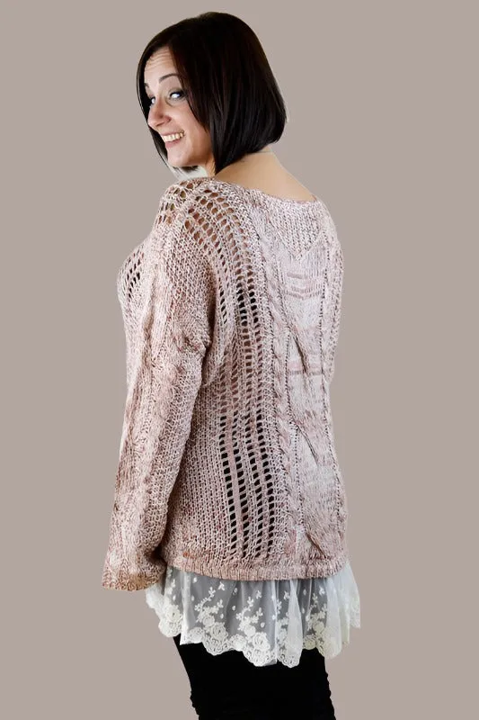 Open Knit Lace Hem Tunic Sweater - Mauve Multi