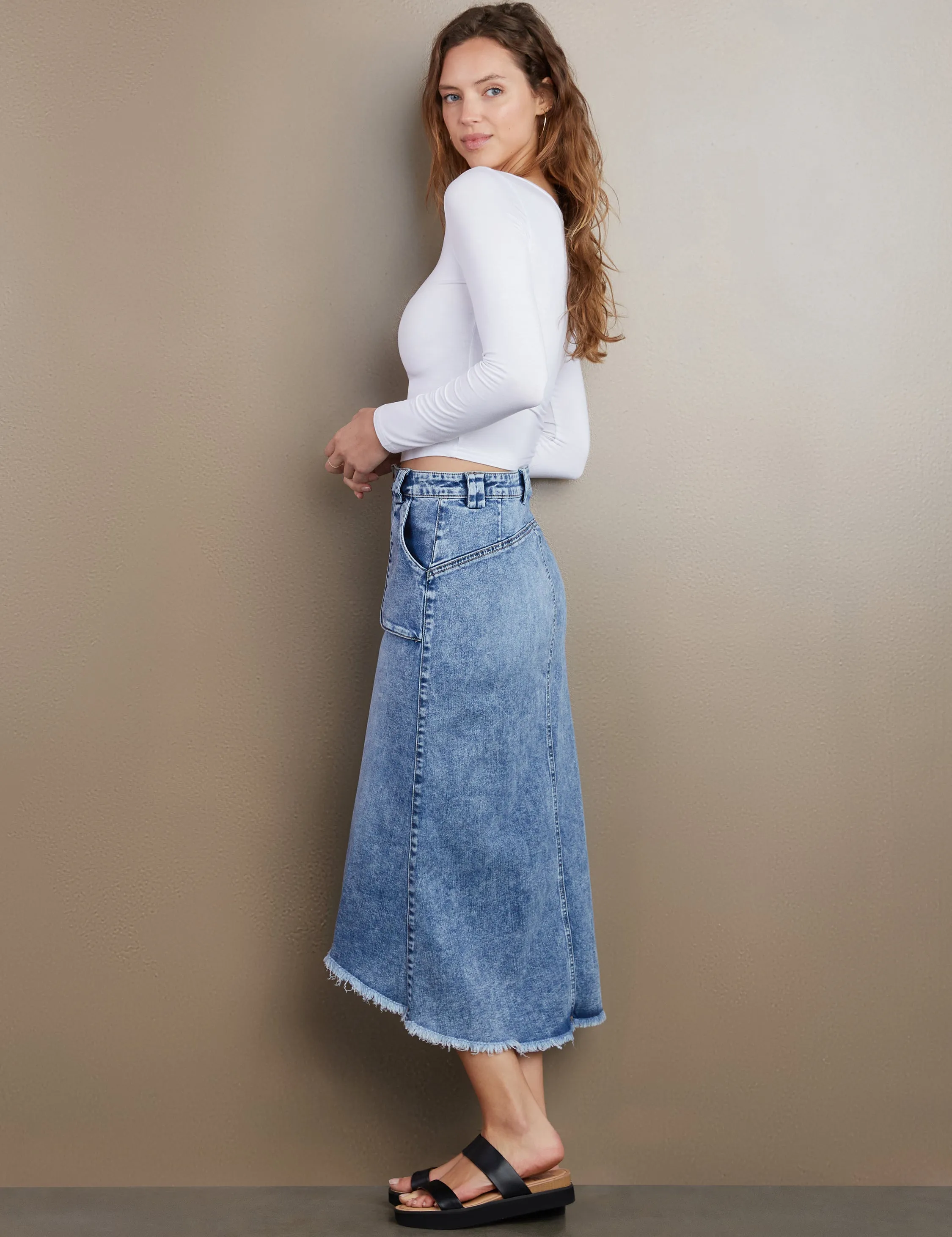 Patch Pocket Denim Midi Skirt