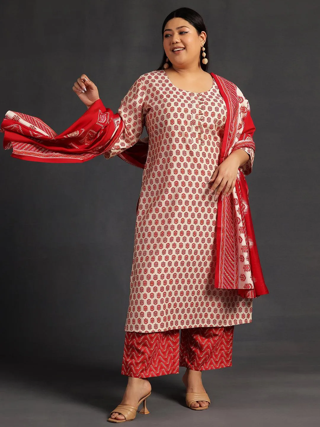 Plus Size Beige Printed Silk Blend Straight Suit With Dupatta