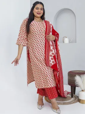 Plus Size Beige Printed Silk Blend Straight Suit With Dupatta