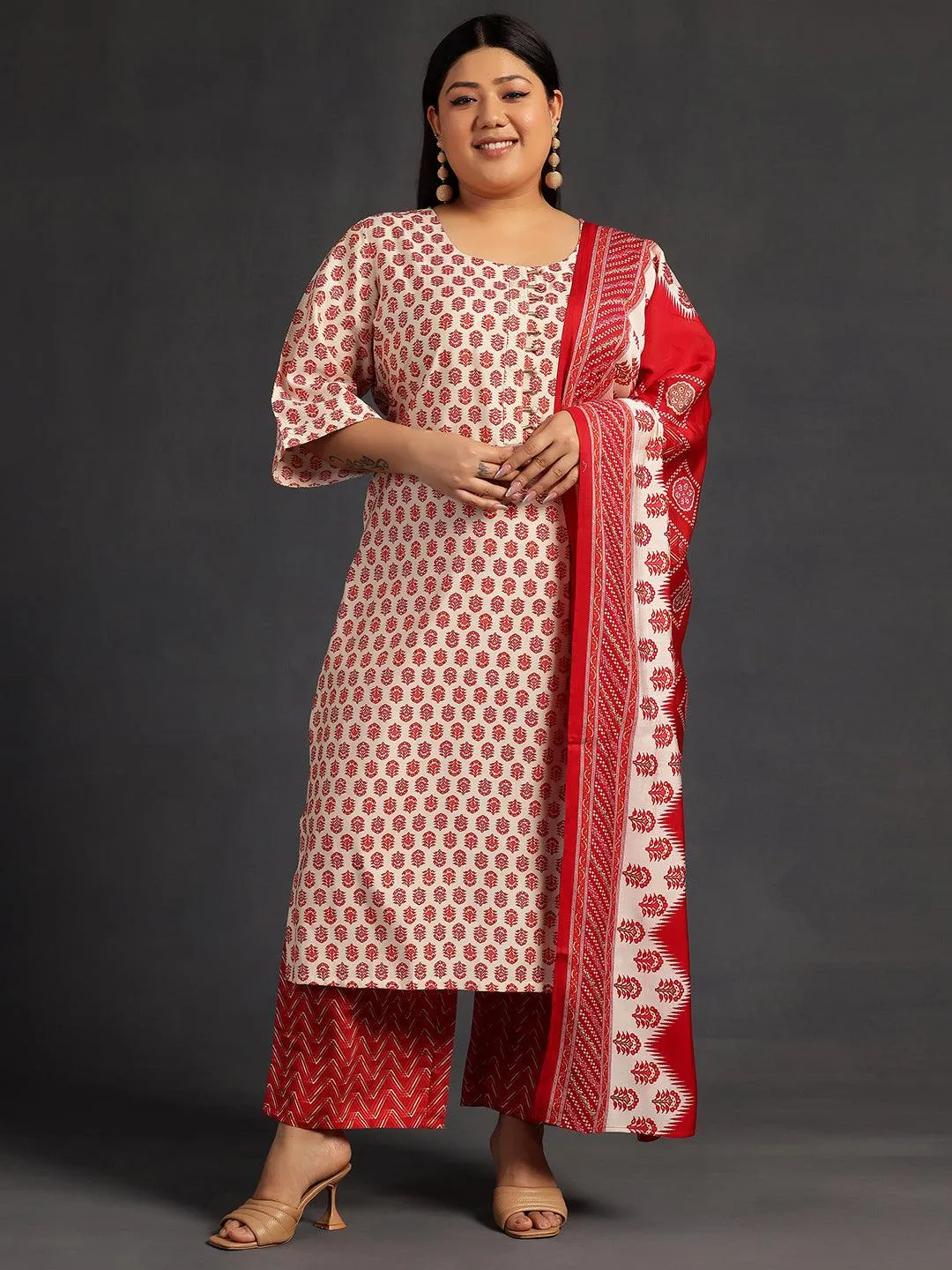 Plus Size Beige Printed Silk Blend Straight Suit With Dupatta