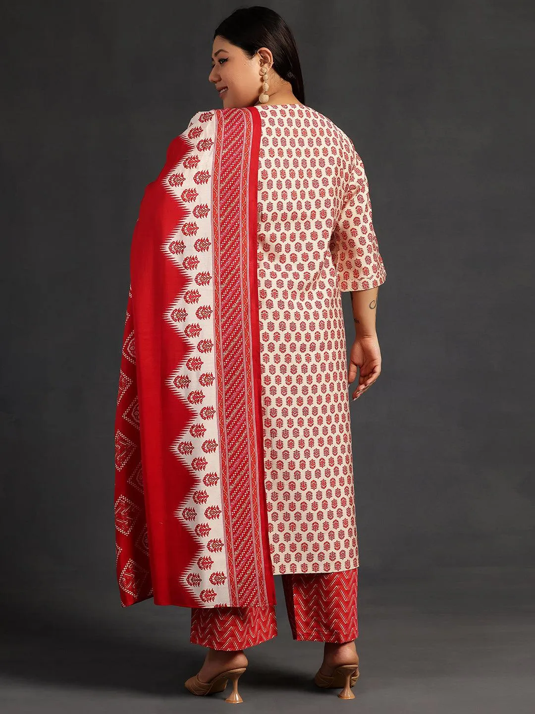 Plus Size Beige Printed Silk Blend Straight Suit With Dupatta