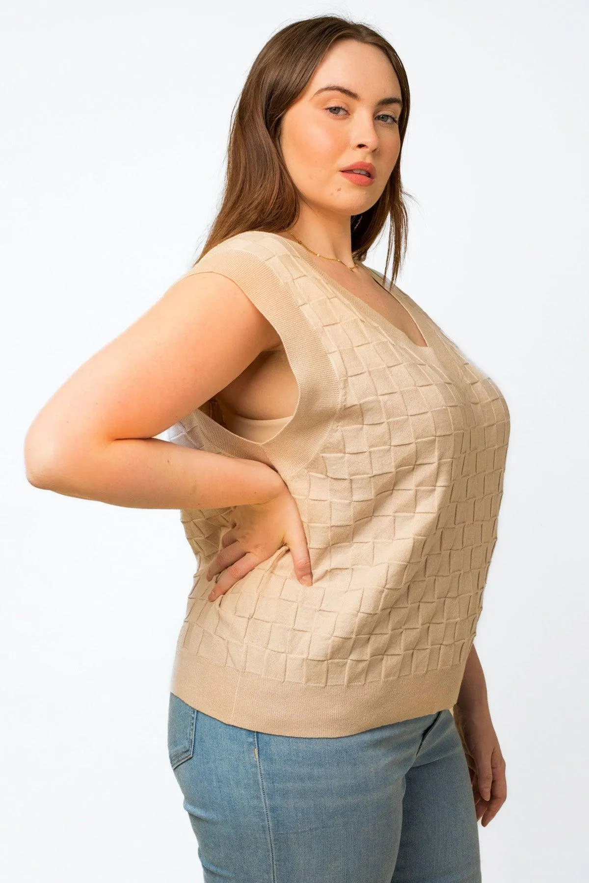 Plus Size Checkered Texture V-Neck Sweater Vest