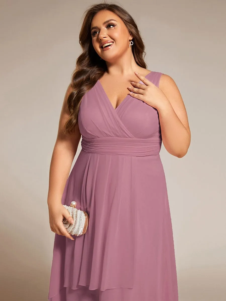 Plus Size Pleated Sleeveless V-Neck Midi Chiffon Wedding Guest Dress