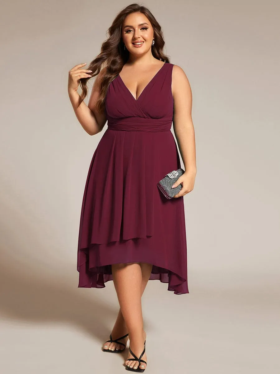 Plus Size Pleated Sleeveless V-Neck Midi Chiffon Wedding Guest Dress