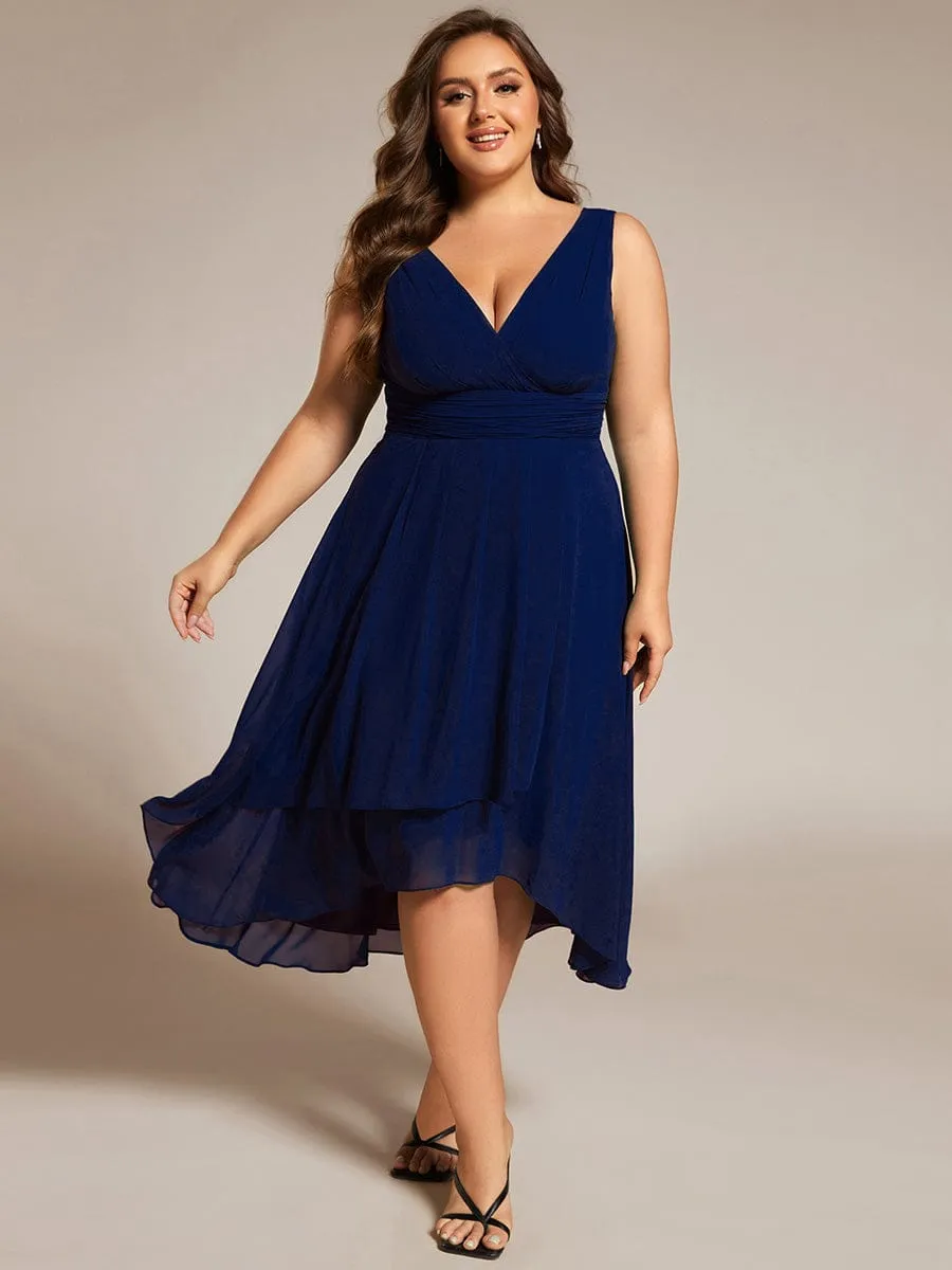 Plus Size Pleated Sleeveless V-Neck Midi Chiffon Wedding Guest Dress