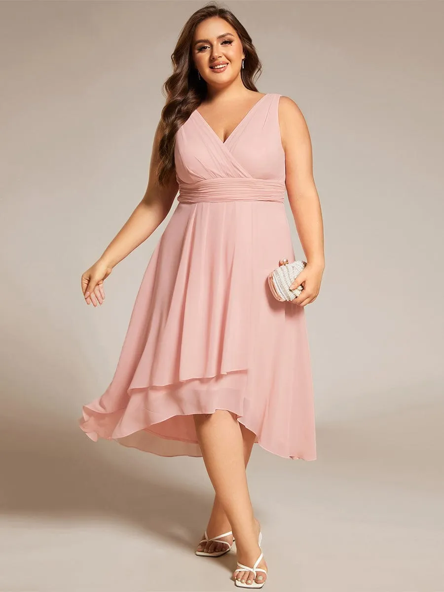 Plus Size Pleated Sleeveless V-Neck Midi Chiffon Wedding Guest Dress