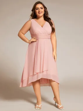 Plus Size Pleated Sleeveless V-Neck Midi Chiffon Wedding Guest Dress