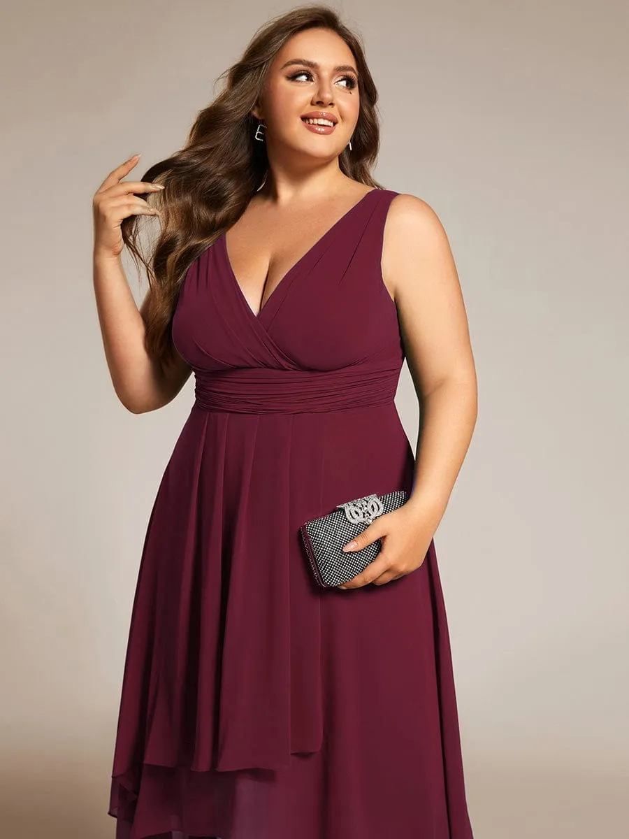 Plus Size Pleated Sleeveless V-Neck Midi Chiffon Wedding Guest Dress