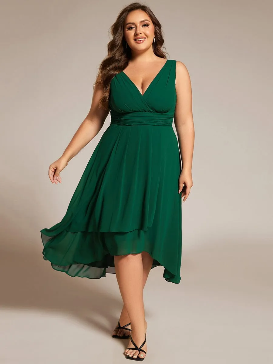 Plus Size Pleated Sleeveless V-Neck Midi Chiffon Wedding Guest Dress