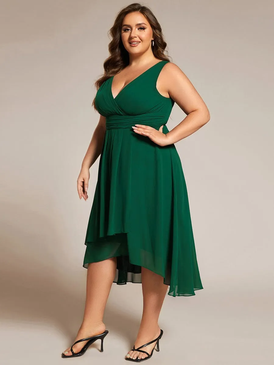 Plus Size Pleated Sleeveless V-Neck Midi Chiffon Wedding Guest Dress