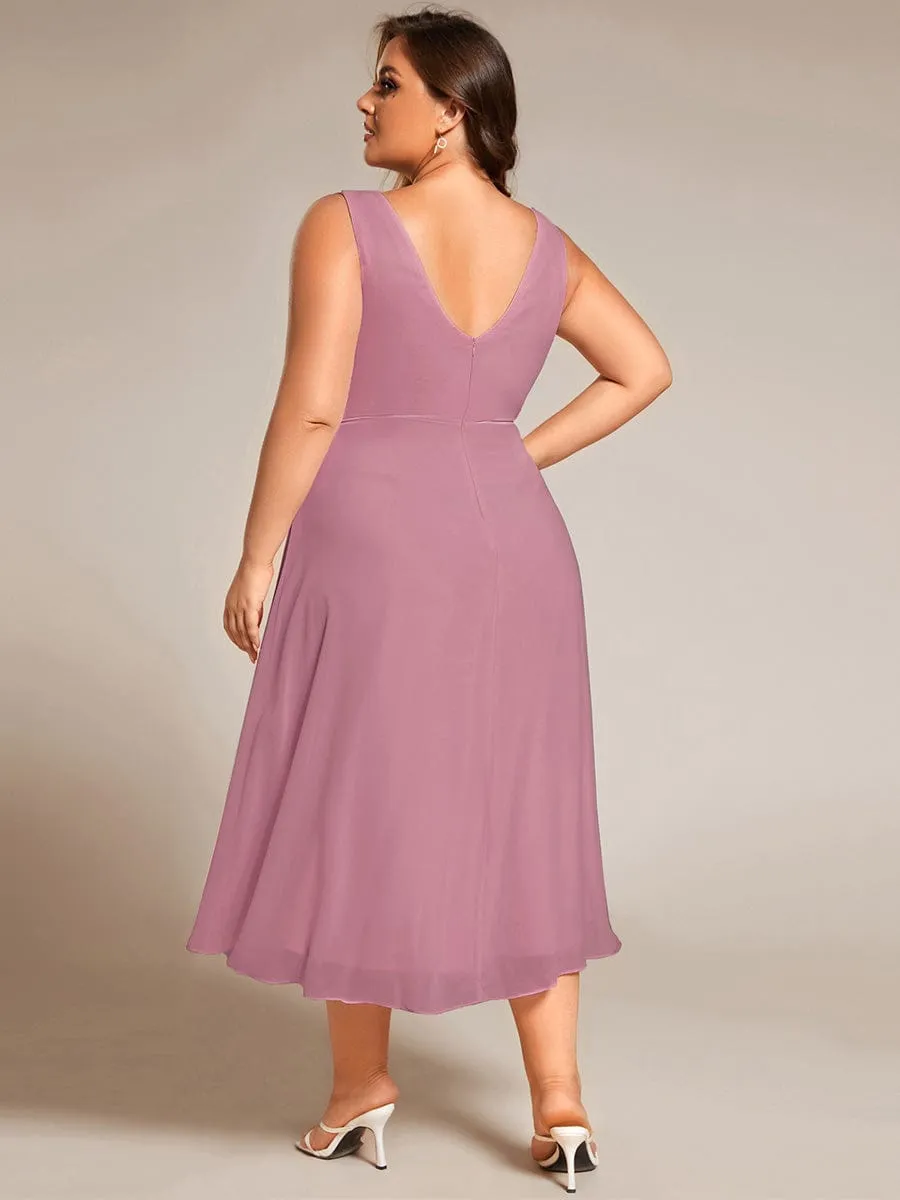 Plus Size Pleated Sleeveless V-Neck Midi Chiffon Wedding Guest Dress