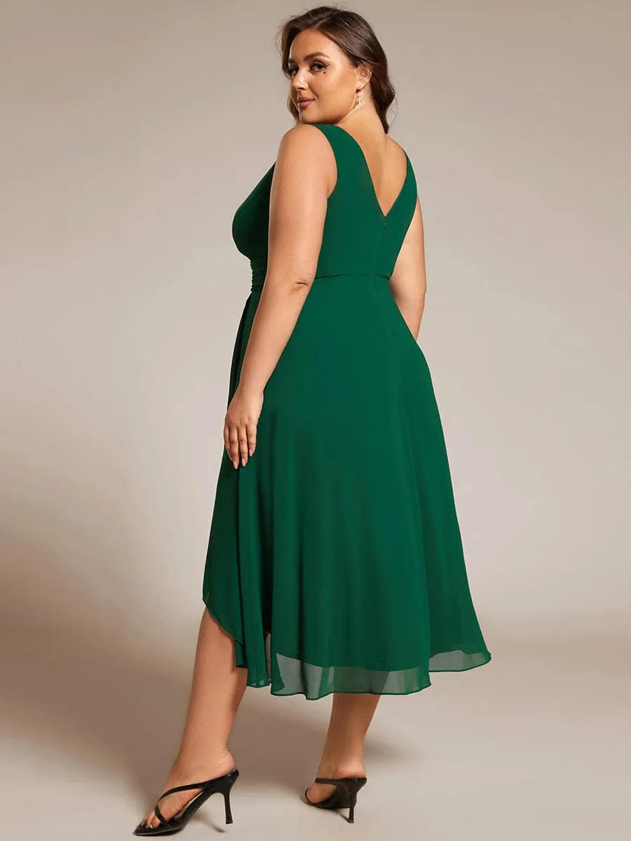 Plus Size Pleated Sleeveless V-Neck Midi Chiffon Wedding Guest Dress