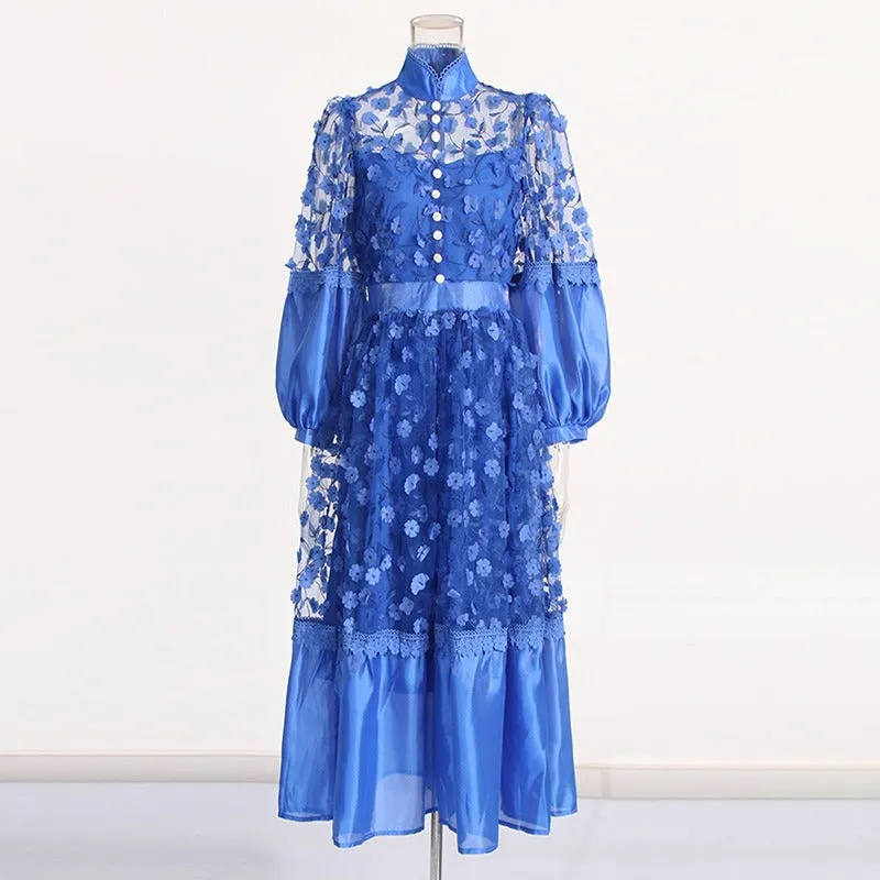 Pre Order:  Stand Collar Mesh See-Through Puff Sleeves Floral Dress