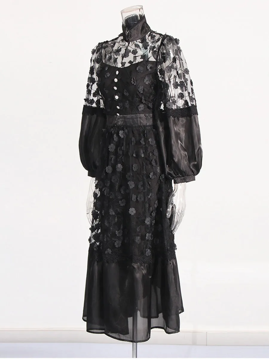 Pre Order:  Stand Collar Mesh See-Through Puff Sleeves Floral Dress