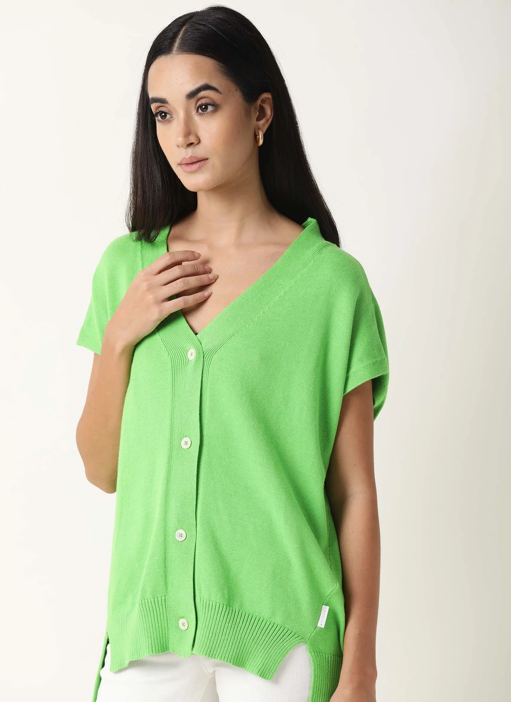 Rareism Women Pave Green Cotton Fabric Half Sleeves Regular Fit Solid V-Neck Sweater