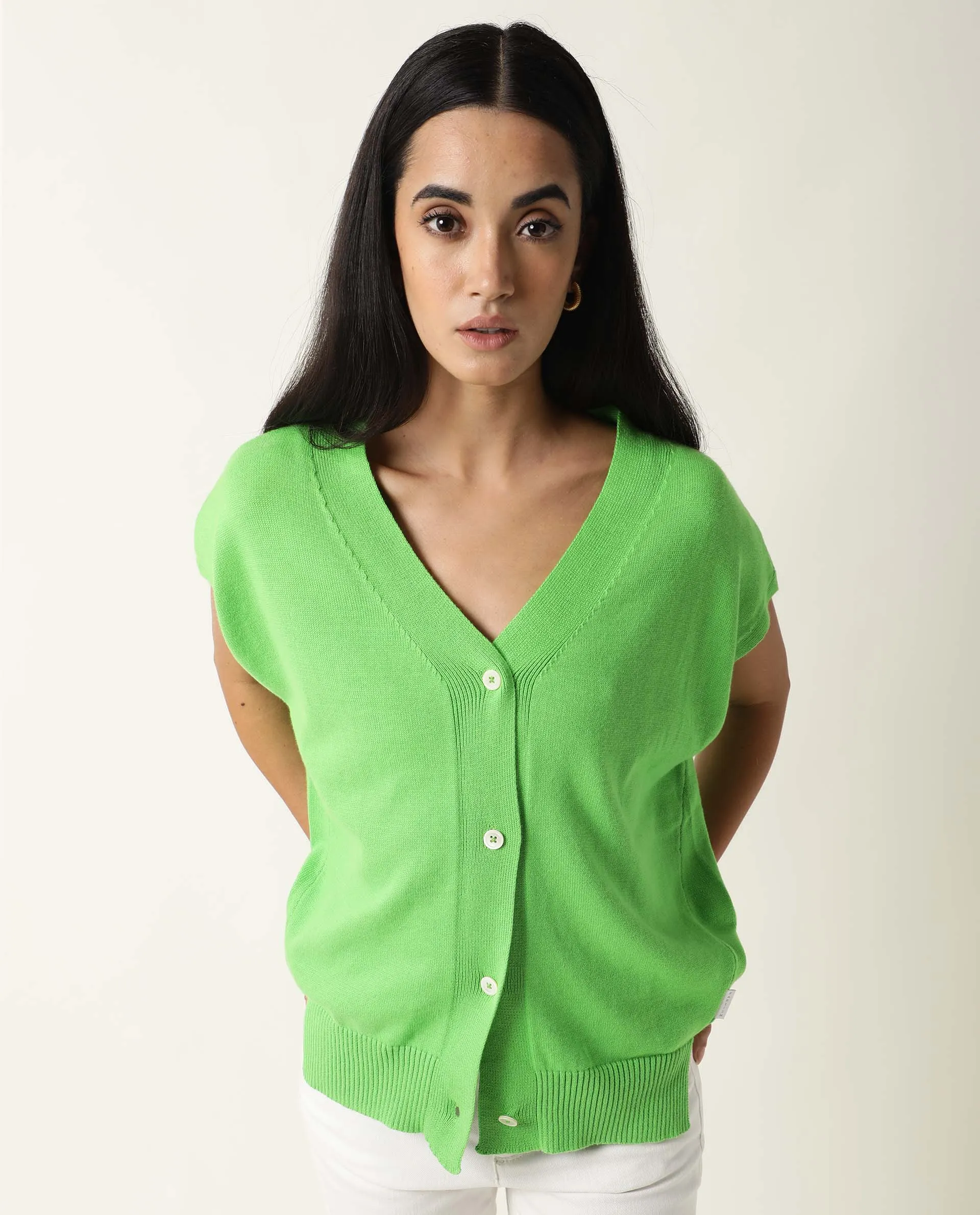 Rareism Women Pave Green Cotton Fabric Half Sleeves Regular Fit Solid V-Neck Sweater