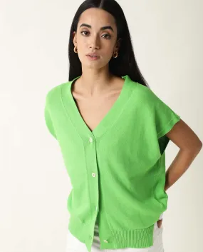 Rareism Women Pave Green Cotton Fabric Half Sleeves Regular Fit Solid V-Neck Sweater