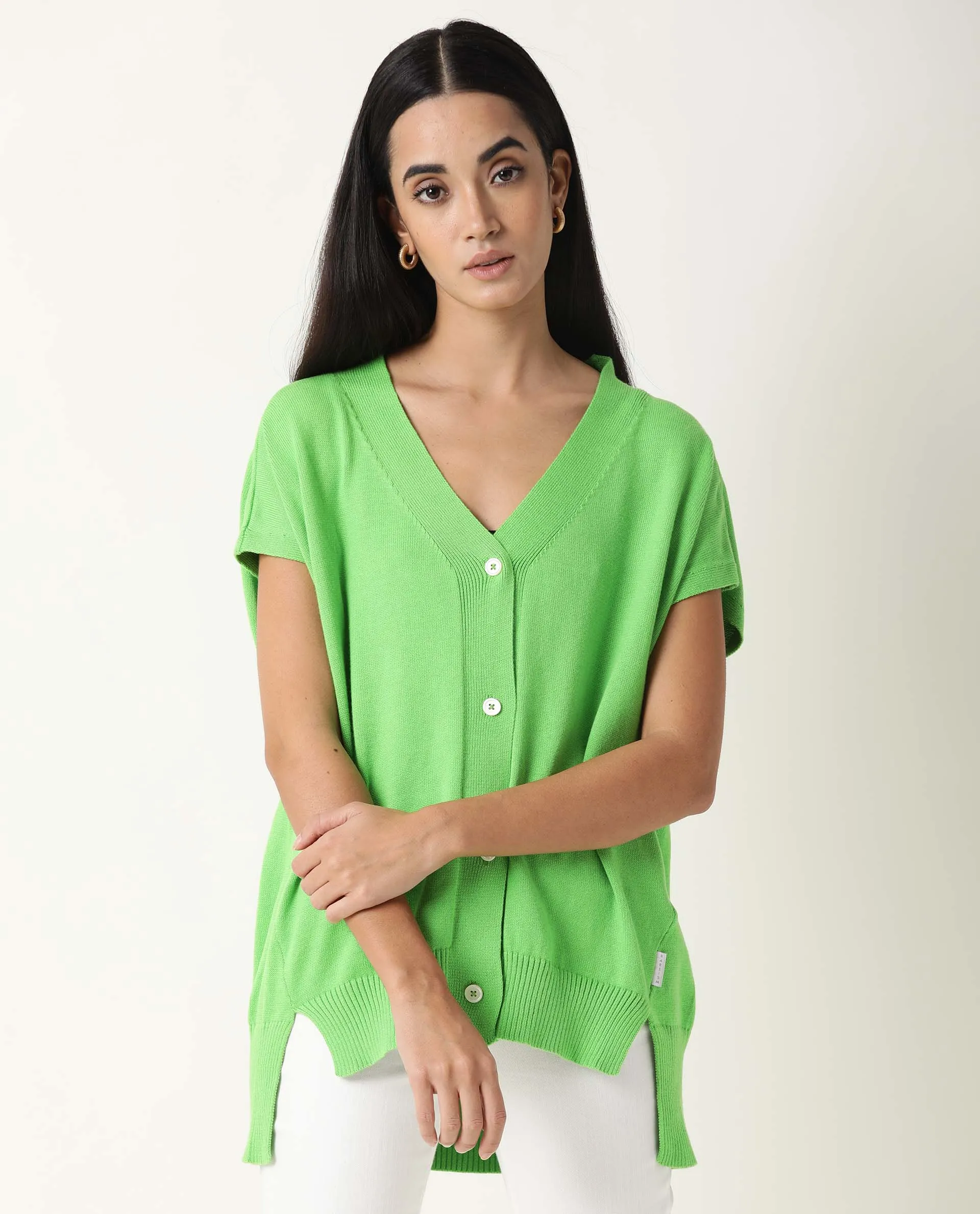 Rareism Women Pave Green Cotton Fabric Half Sleeves Regular Fit Solid V-Neck Sweater