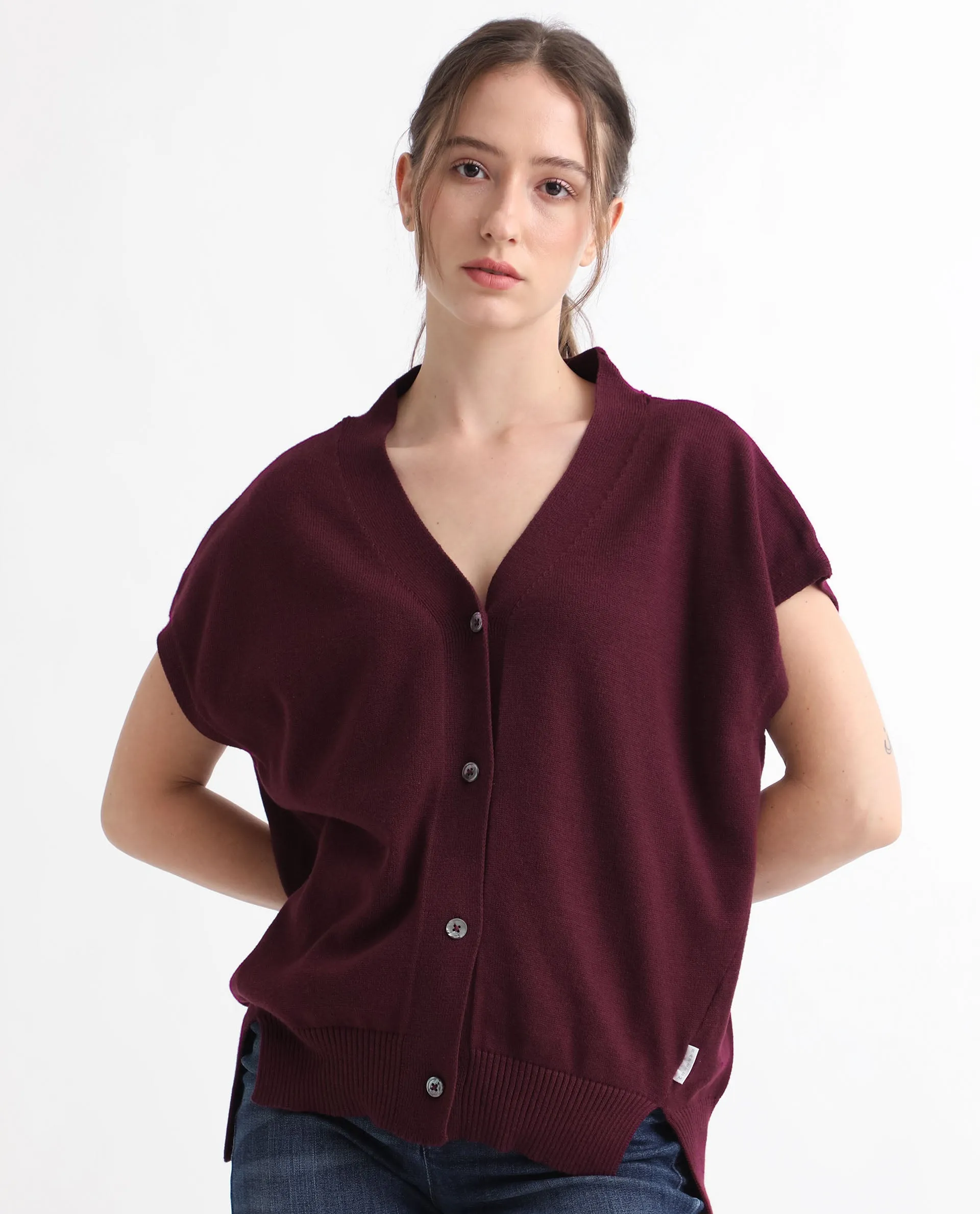 Rareism Women Pave Maroon Cotton Fabric Half Sleeves Regular Fit Solid V-Neck Sweater