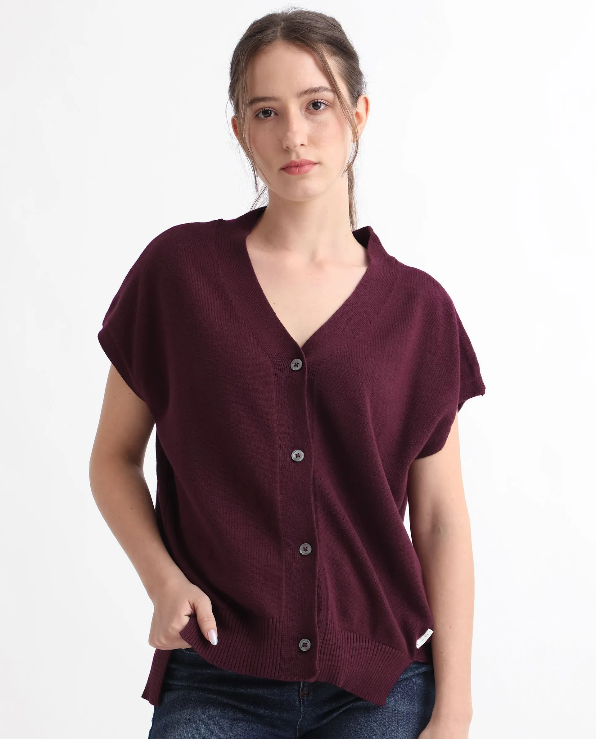 Rareism Women Pave Maroon Cotton Fabric Half Sleeves Regular Fit Solid V-Neck Sweater