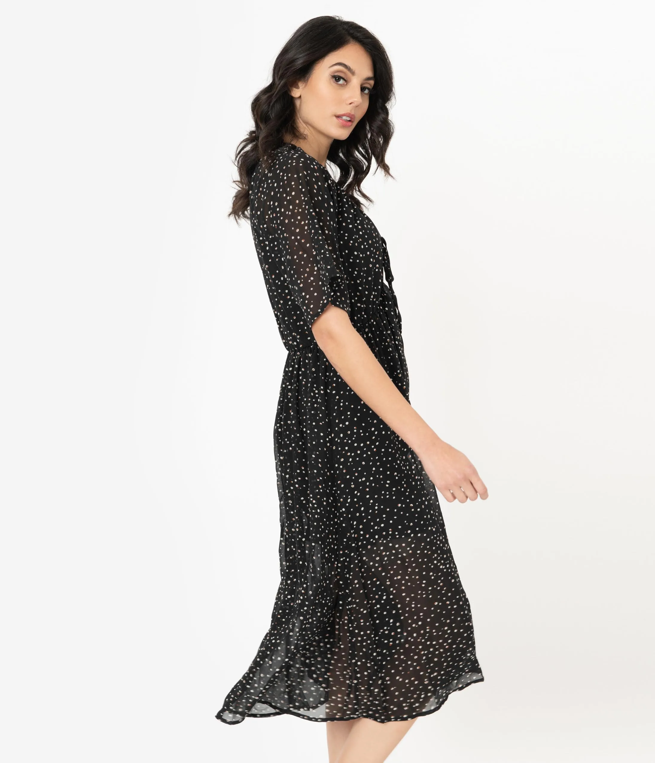 Retro Style Black & White Dot Print Midi Dress