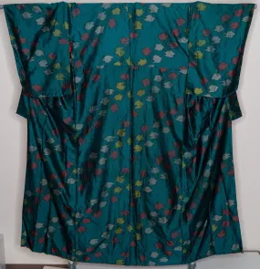 Retro Teal Floral Vintage Japanese Silk Kimono Shiny Fabric with Unique Fabric Weaving