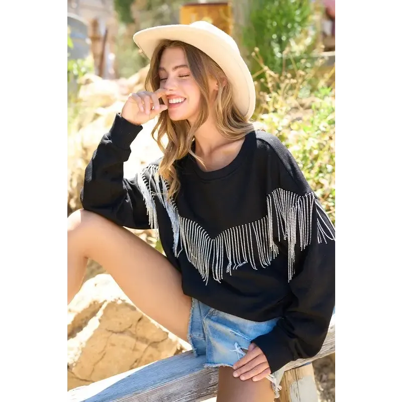 Rhinestone Fringe Pullover Top