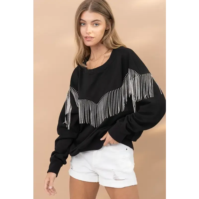 Rhinestone Fringe Pullover Top