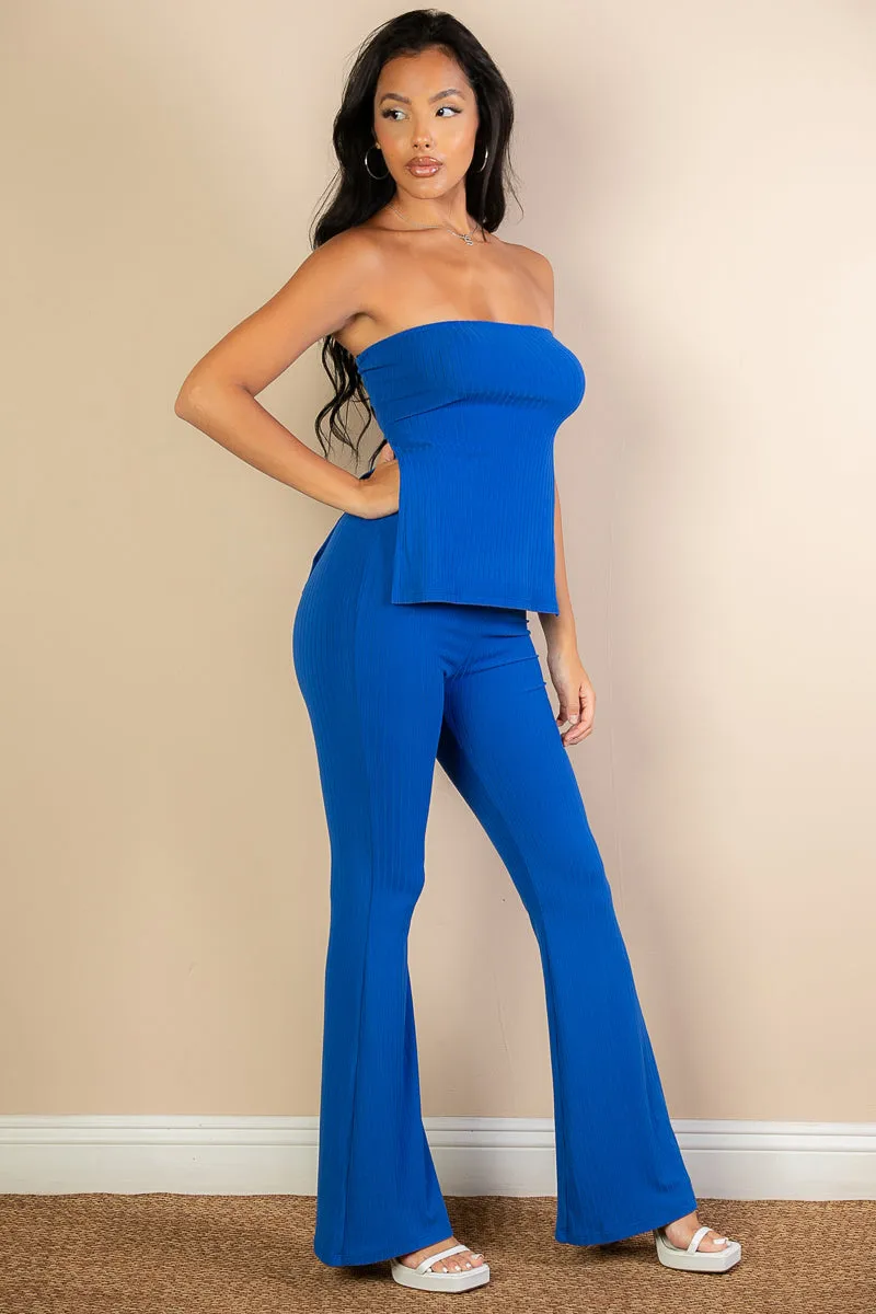 Ribbed Side Slit Bandeau Top & Flare Pants Set (CAPELLA)