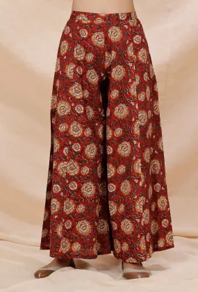 Rust Red Kalamkari Contrast Print Flared Cotton Pants