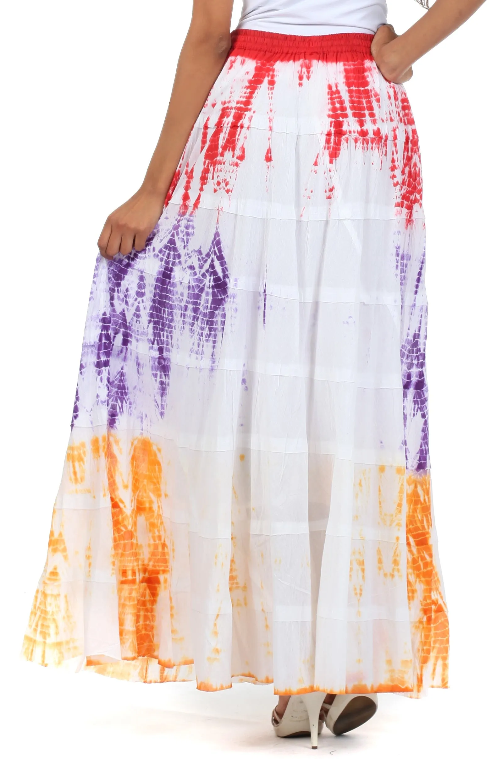 Sakkas Raw Edge Tie Dye Gypsy Boho Peasant Long Cotton Skirt