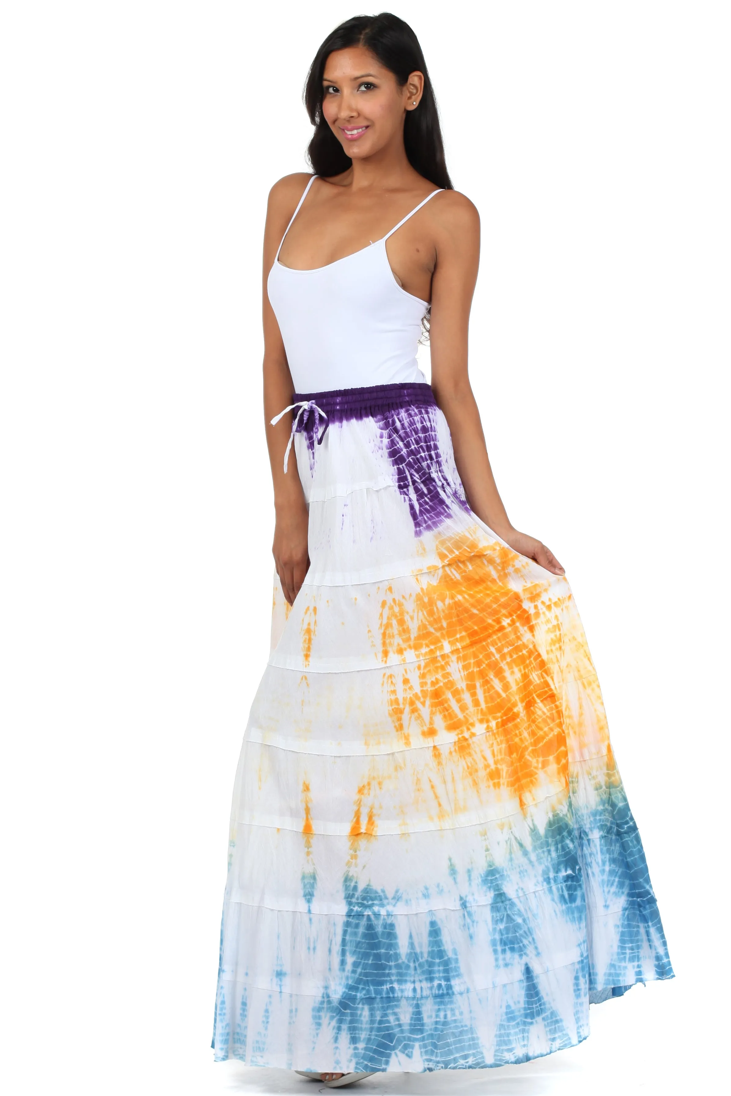 Sakkas Raw Edge Tie Dye Gypsy Boho Peasant Long Cotton Skirt