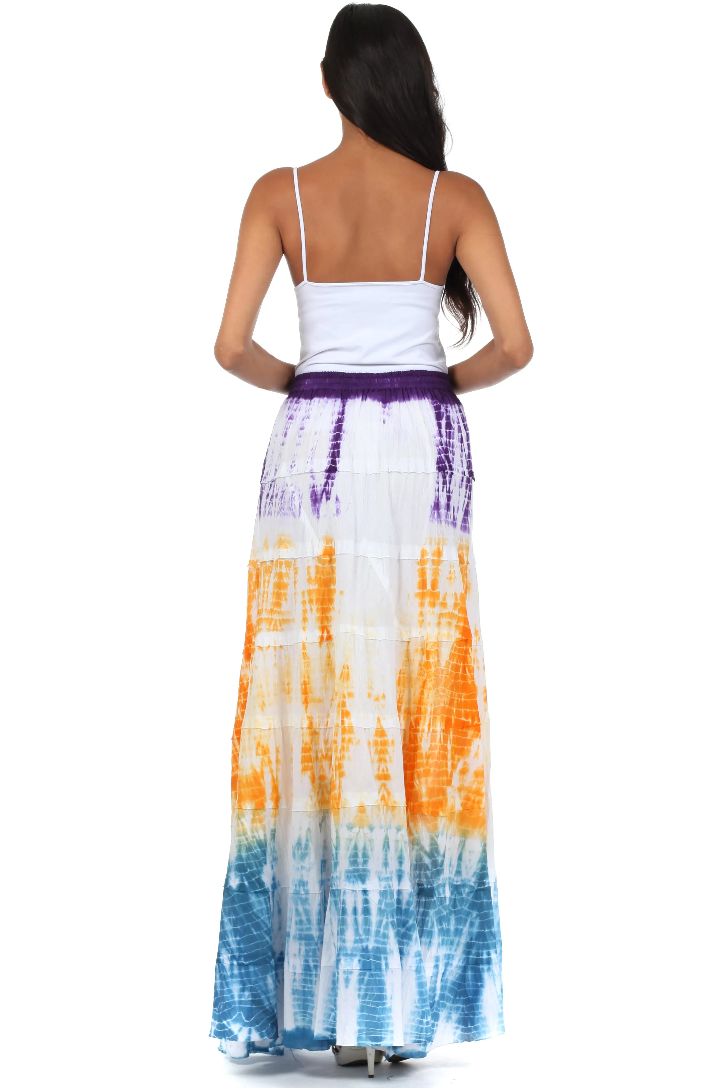 Sakkas Raw Edge Tie Dye Gypsy Boho Peasant Long Cotton Skirt