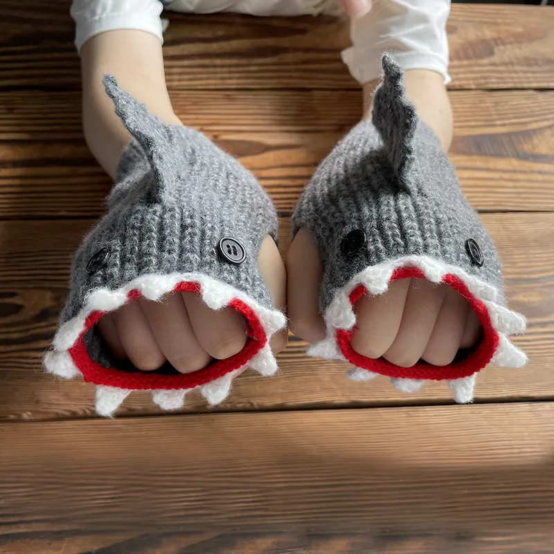 Shark Knitted Button Fingerless Gloves