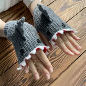 Shark Knitted Button Fingerless Gloves