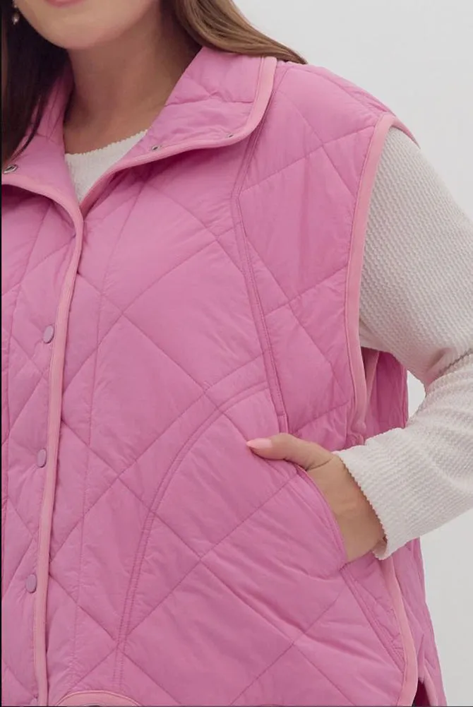 Solid Quilted Vest with Scalloped Hem in Bubble Gum by Entro