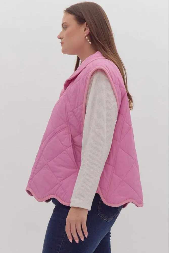 Solid Quilted Vest with Scalloped Hem in Bubble Gum by Entro