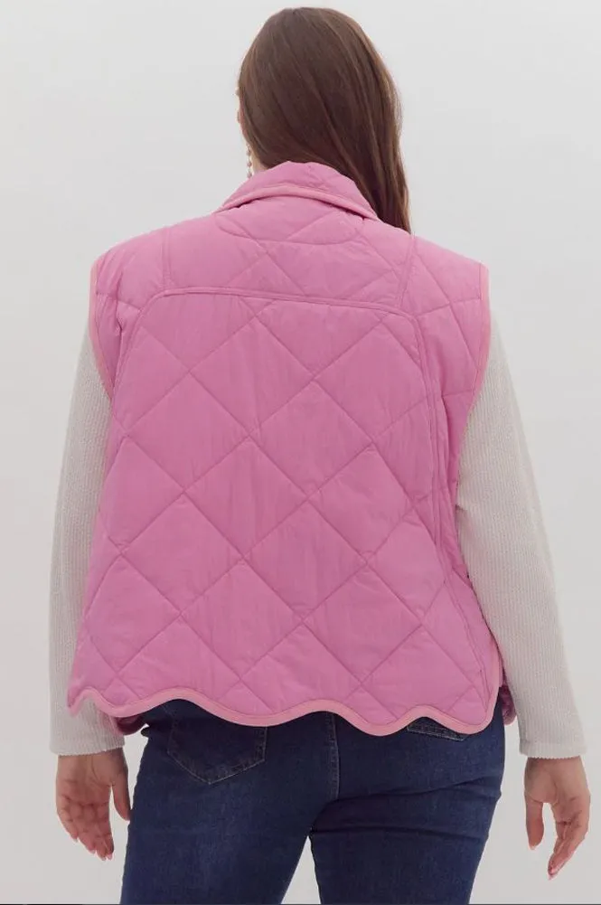 Solid Quilted Vest with Scalloped Hem in Bubble Gum by Entro