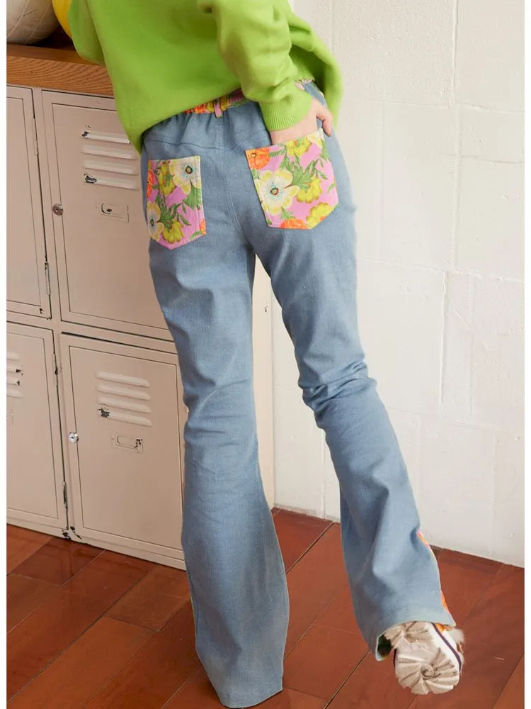 Spliced flowers stretch denim flared pants【s0000007308】