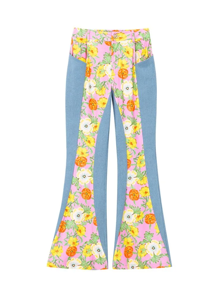 Spliced flowers stretch denim flared pants【s0000007308】