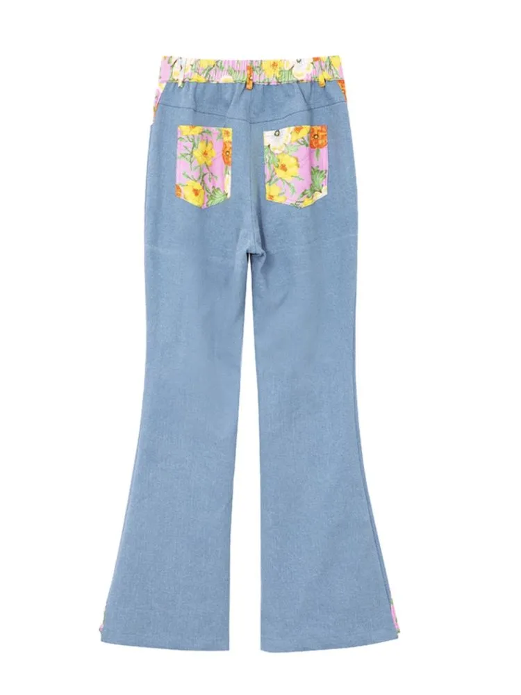 Spliced flowers stretch denim flared pants【s0000007308】