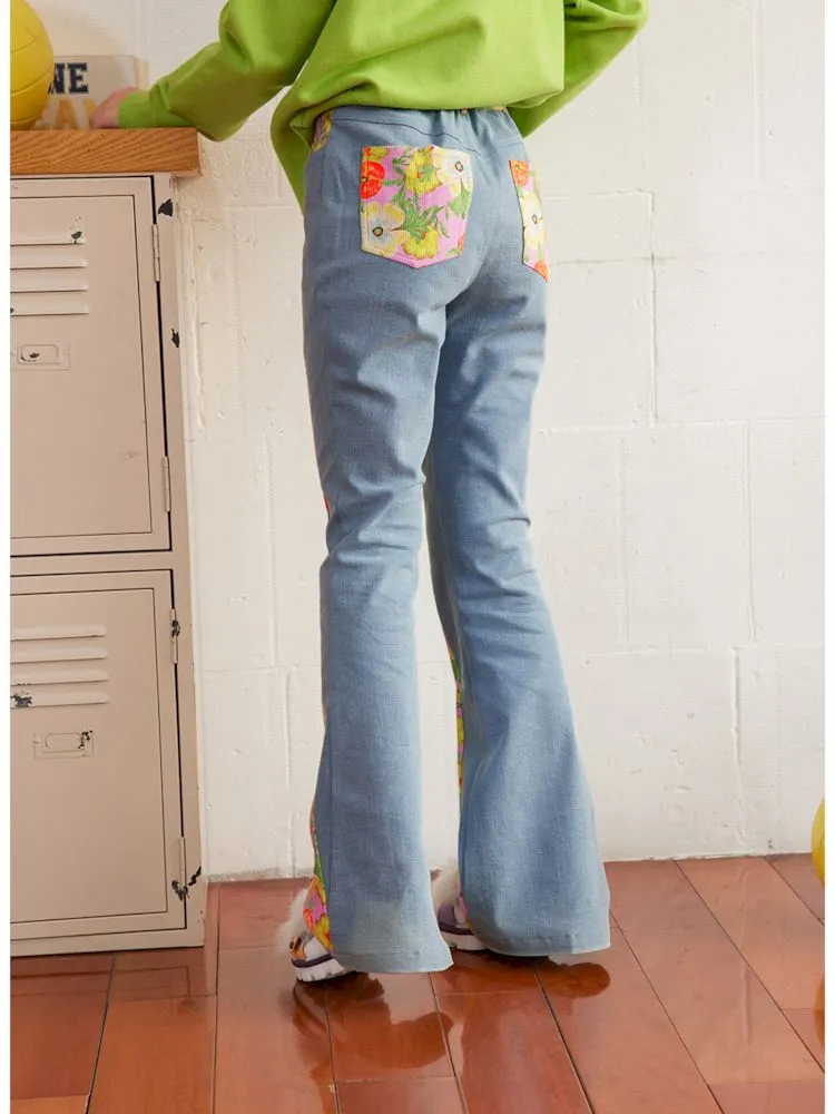 Spliced flowers stretch denim flared pants【s0000007308】