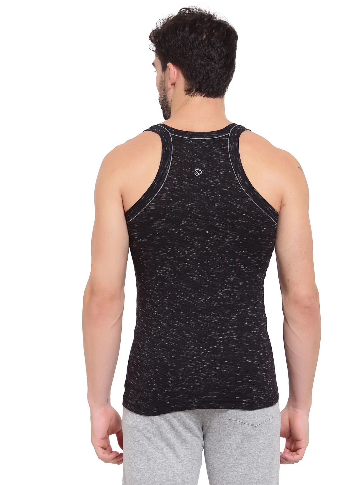 Sporto Men's 100% Cotton Gym Vest with Contrast Piping - Black White Inject