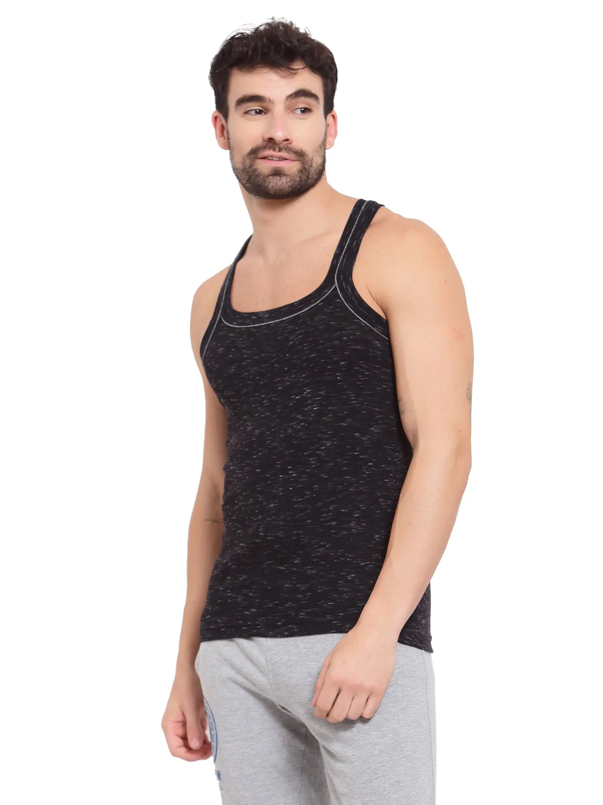 Sporto Men's 100% Cotton Gym Vest with Contrast Piping - Black White Inject