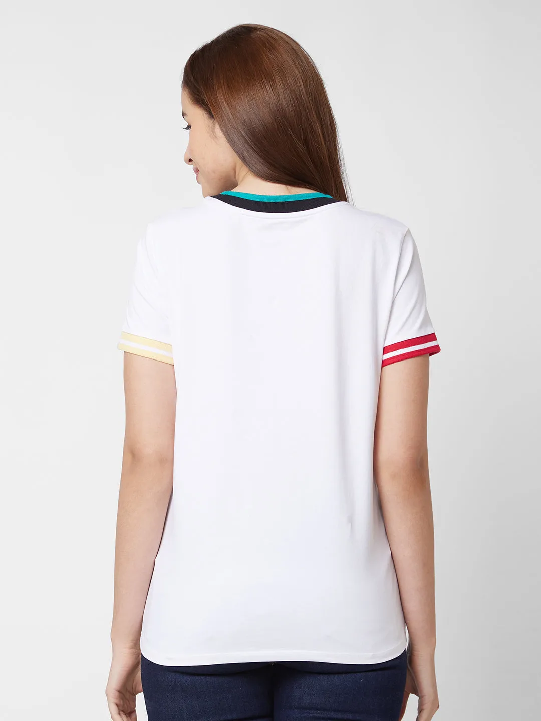 Spykar Round Neck Half Sleeve White Printed T-Shirt For Women