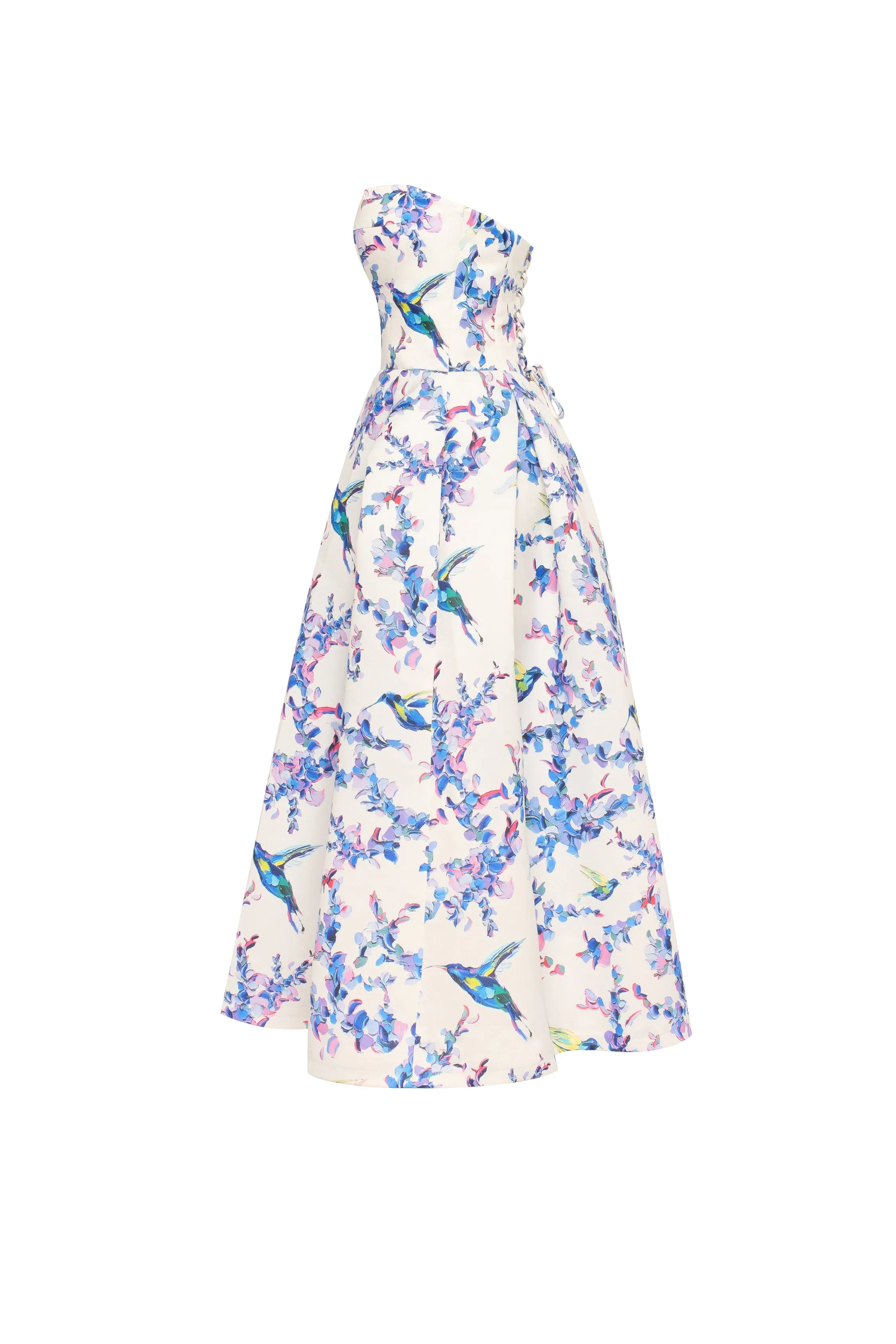 Strapless midi dress with bird and flower print, Garden of Eden