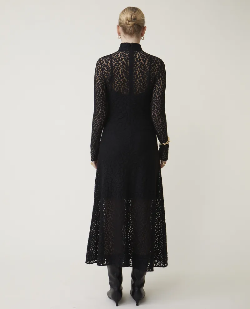 Suncoo Ciara Black Leopard Lace Midi Dress