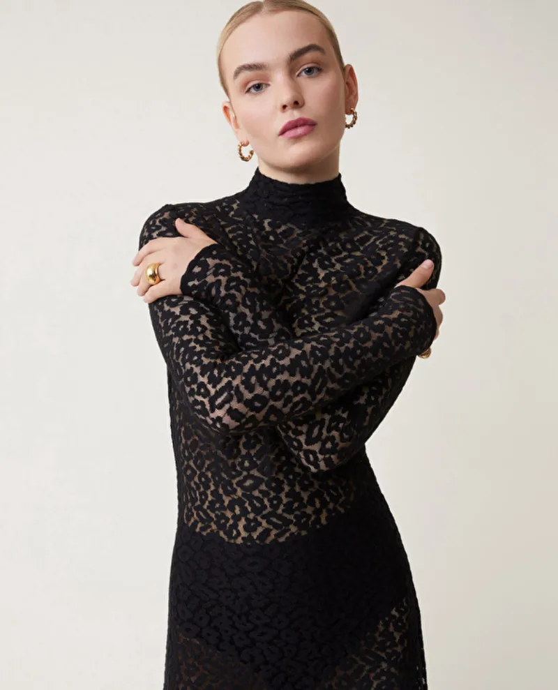 Suncoo Ciara Black Leopard Lace Midi Dress